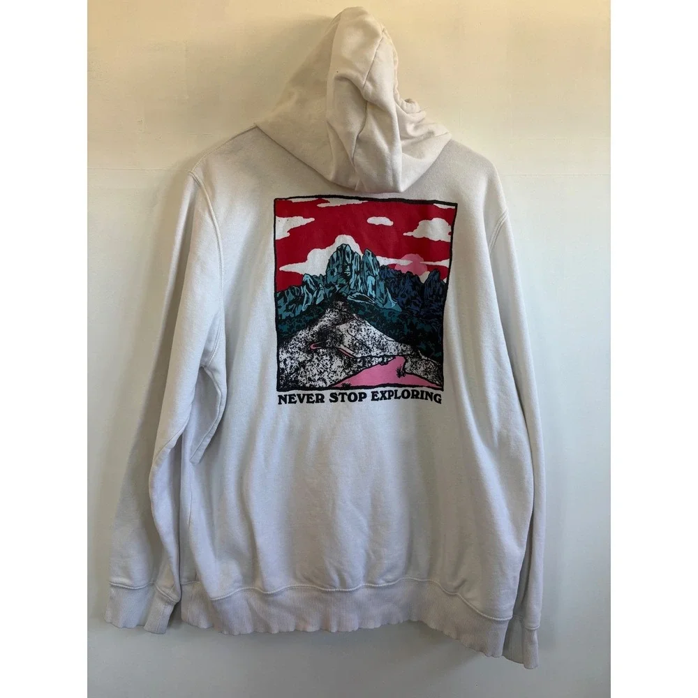 The North Face Mens XL White Never Stop Exploring Mountain Graphic Hoodie Fleece